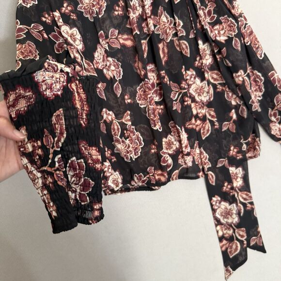 NY&Co Sheer Floral Blouse Medium Front Back Tie Neck  Fall Tones Ruched Sleeves - Picture 5 of 15